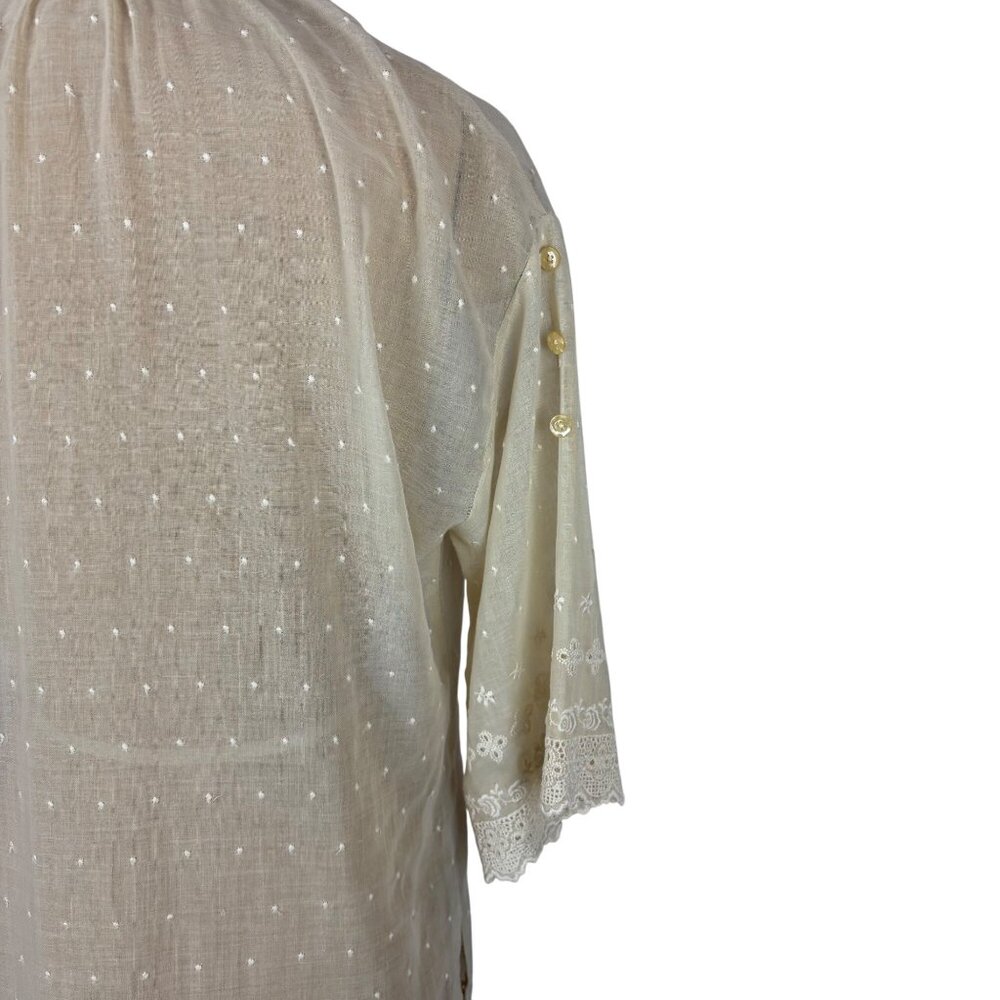 Vintage 70s Sheer Shirt Womens Large Beige Dotted Embroidered Mandarin Tunic - Picture 9 of 11